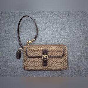 Coach Brown/Tan Signature Canvas Wristlet with Gold Hardware
